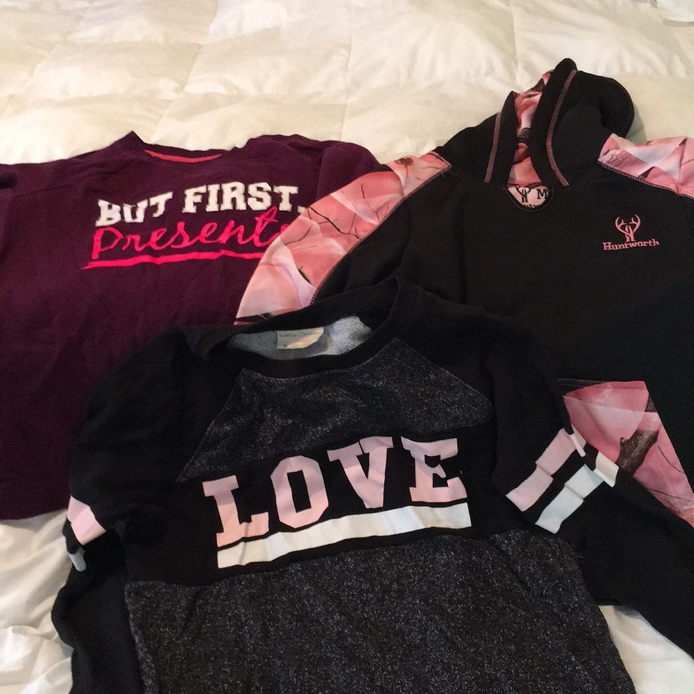 Three long sleeve sweatshirts one is a hoodie